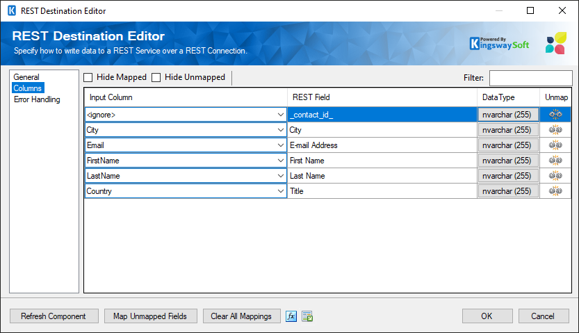 SSIS REST Act-On Destination - Columns